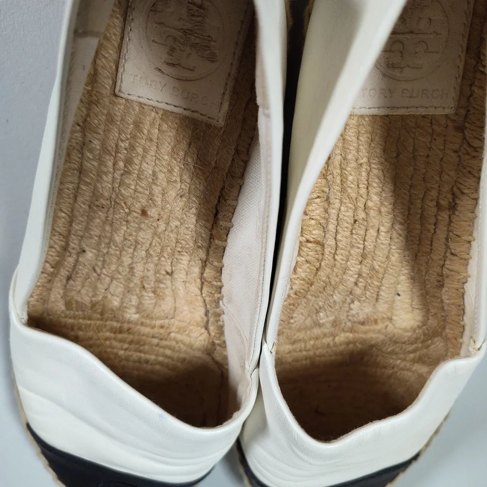 Tory Burch Leather Espadrille Flats Cream Black Logo Cap Toe Slip On Shoes Sz 7